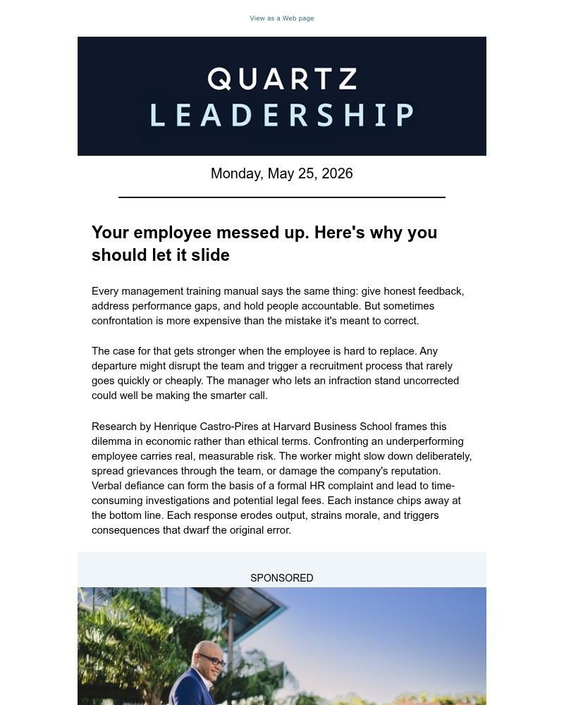 Screenshot of email sent to a Quartz Newsletter subscriber