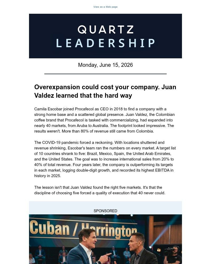 Screenshot of email sent to a Quartz Newsletter subscriber
