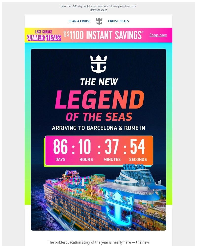 Screenshot of email sent to a Royal Caribbean Cruises Newsletter subscriber