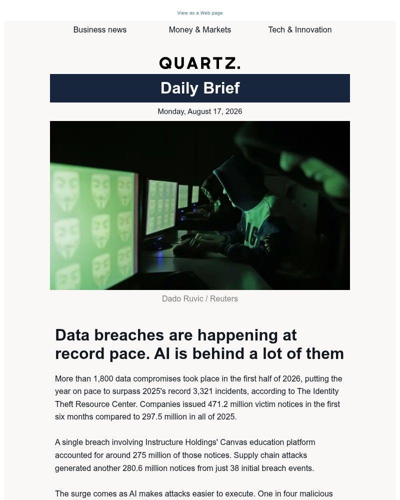 Screenshot of email sent to a Quartz Newsletter subscriber