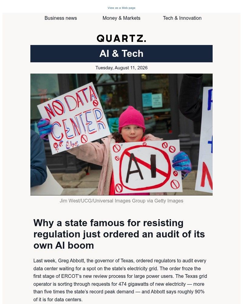 Screenshot of email sent to a Quartz Newsletter subscriber