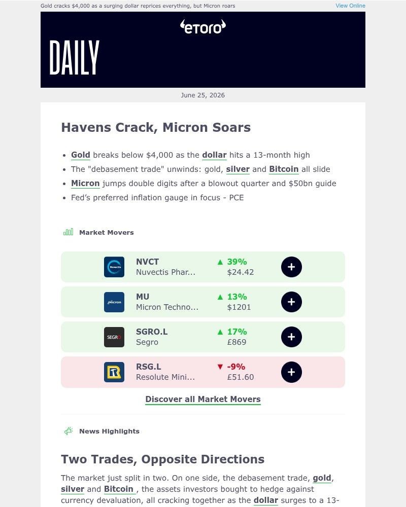 Screenshot of email sent to a eToro Registered user
