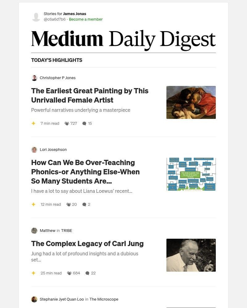 Screenshot of email sent to a Medium Registered user
