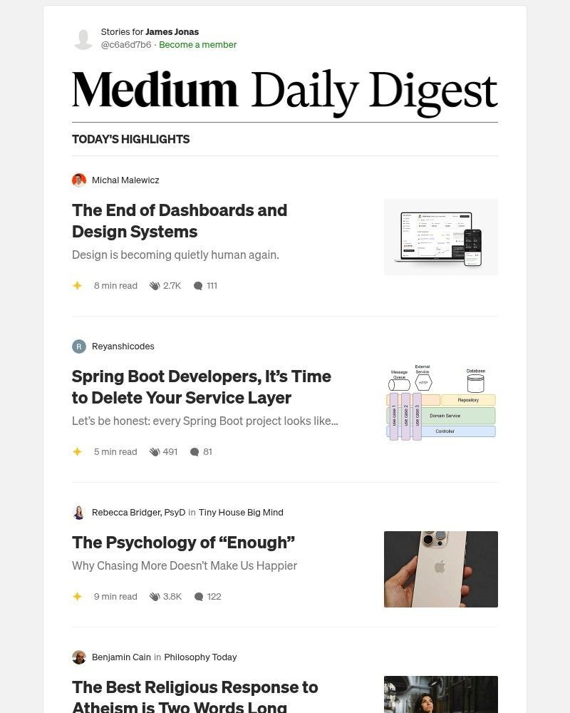 Screenshot of email sent to a Medium Registered user