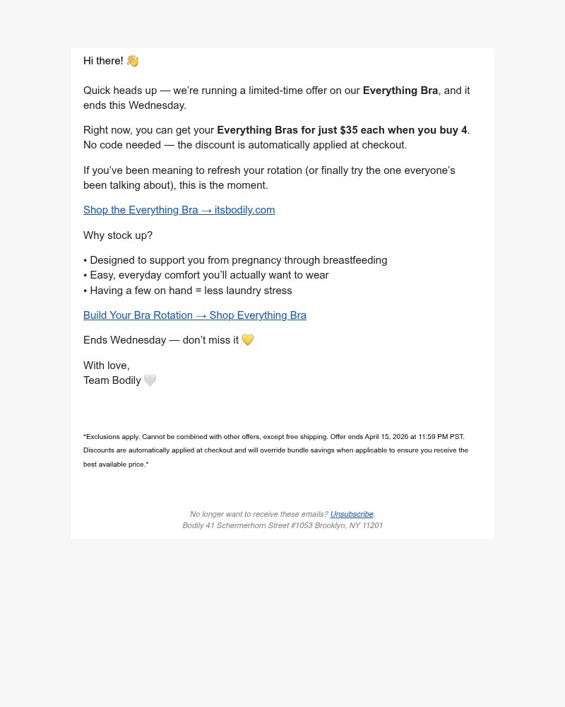 Screenshot of email sent to a Bodily Newsletter subscriber