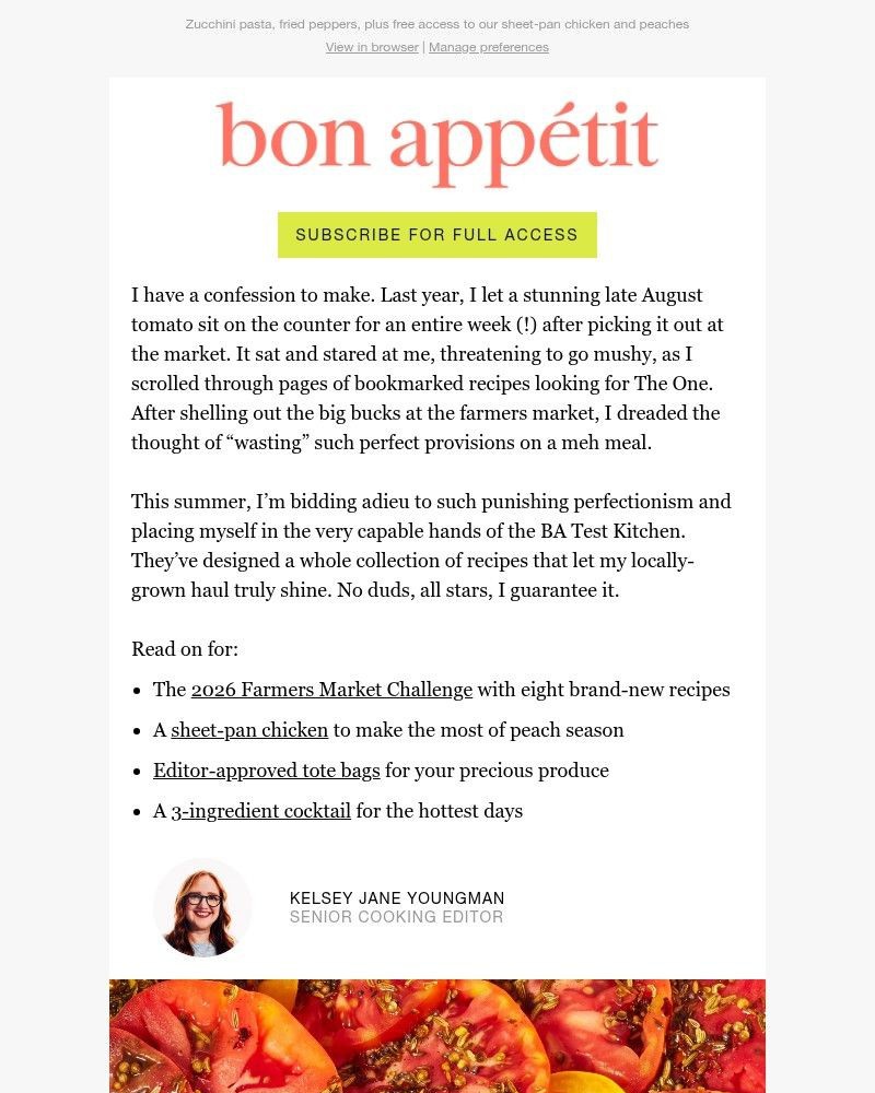 Screenshot of email sent to a Bon Appétit Newsletter subscriber