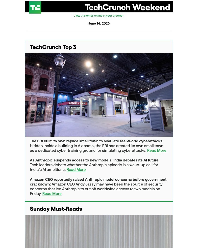 Screenshot of email sent to a Techcrunch Newsletter subscriber