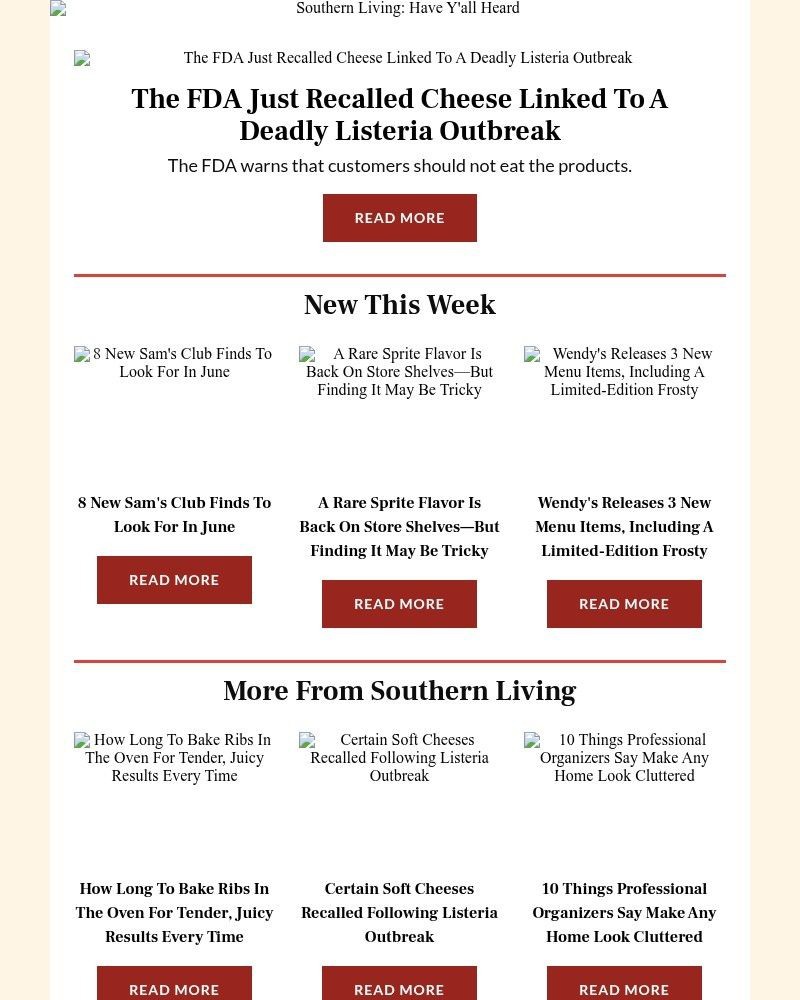 Screenshot of email sent to a Southern Living Newsletter subscriber