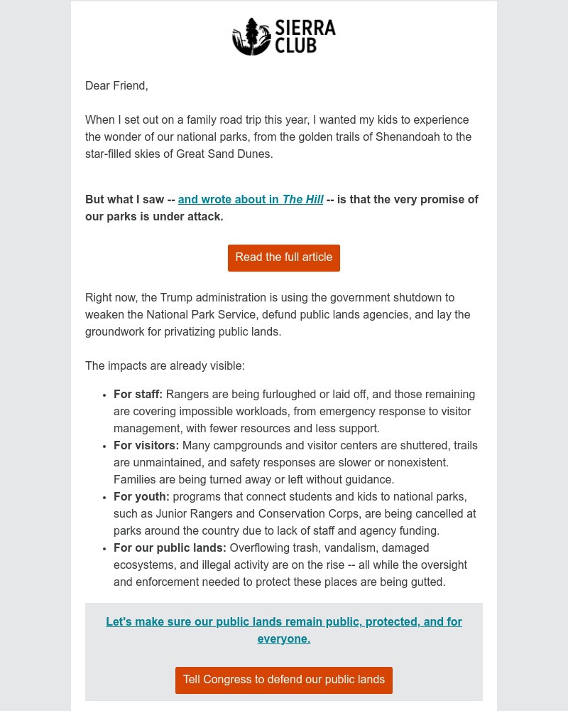 Screenshot of email sent to a Sierra Club Newsletter subscriber