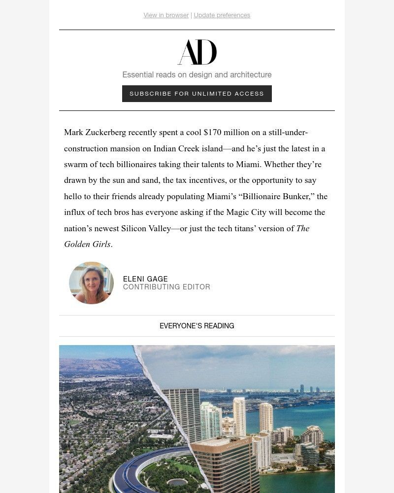 Screenshot of email sent to a Architectural Digest Newsletter subscriber
