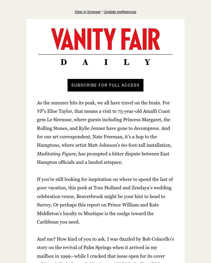 Screenshot of email sent to a Vanity Fair Newsletter subscriber