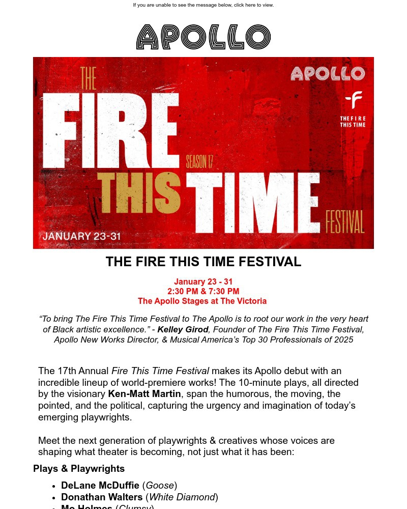 Screenshot of email sent to a Apollo Theater Newsletter subscriber