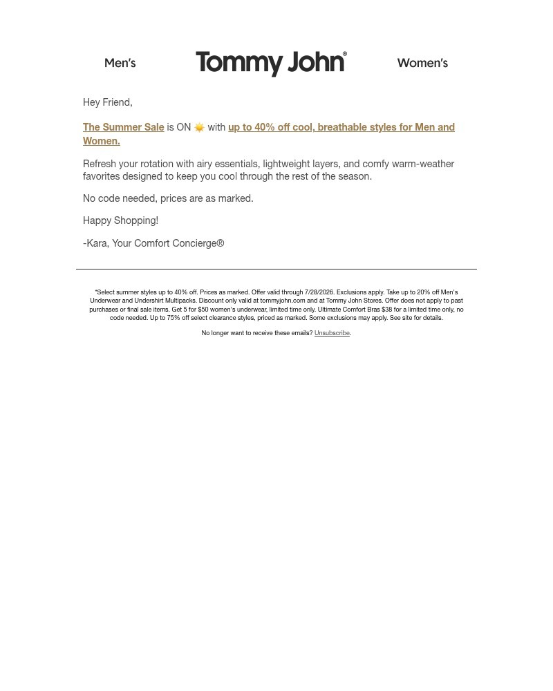 Screenshot of email sent to a Tommy John Newsletter subscriber
