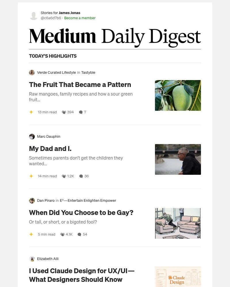 Screenshot of email sent to a Medium Registered user