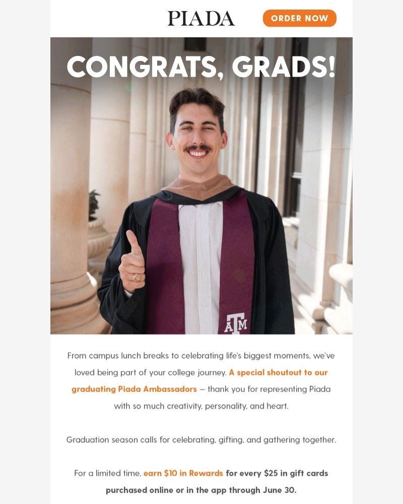 Screenshot of email sent to a Piada Italian Street Food Newsletter subscriber