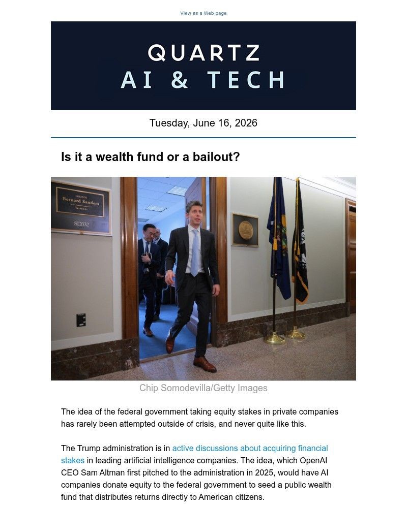 Screenshot of email sent to a Quartz Newsletter subscriber