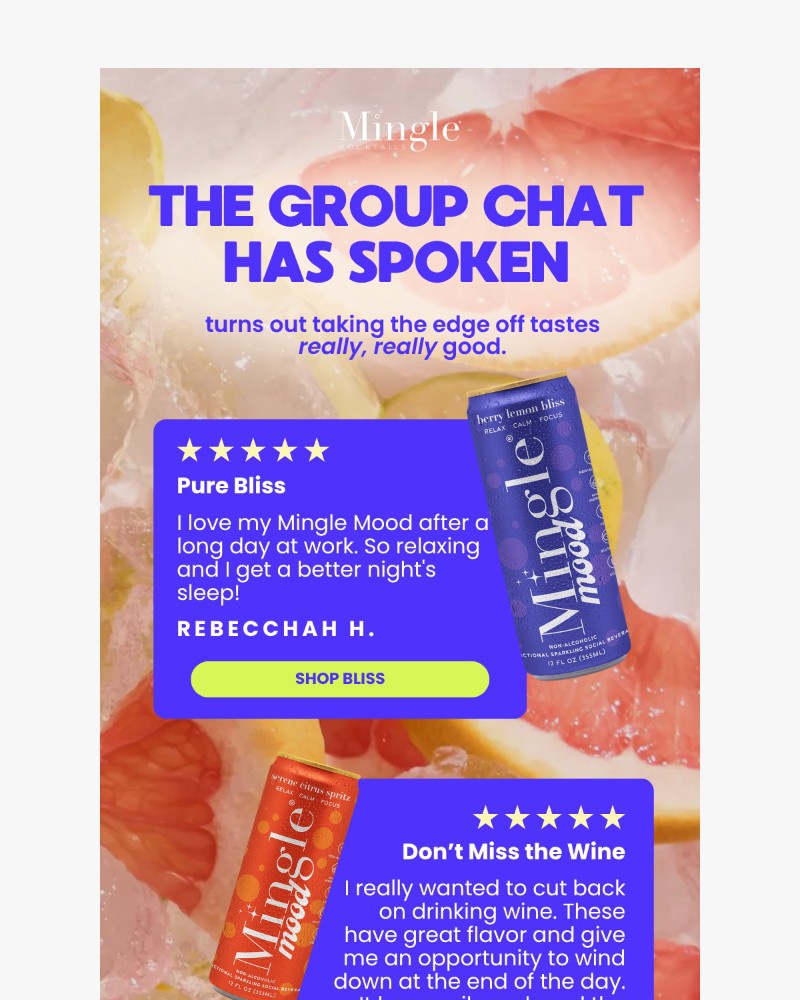 Screenshot of email sent to a Mingle Mocktails Newsletter subscriber