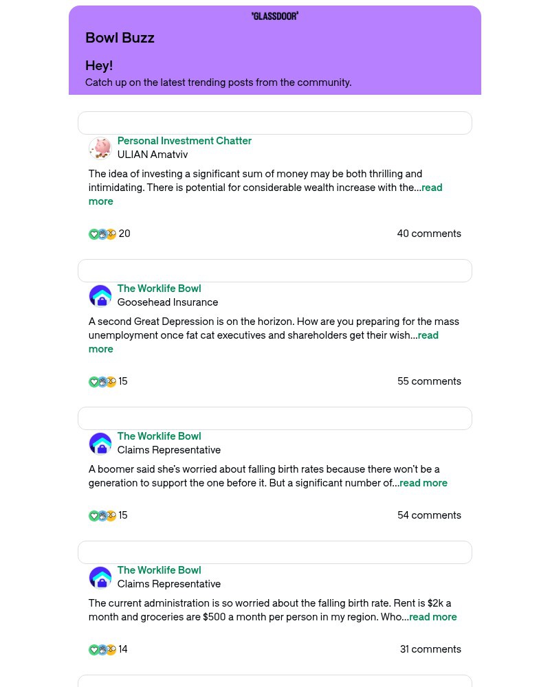 Screenshot of email sent to a Glassdoor Registered user