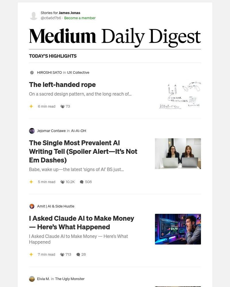 Screenshot of email sent to a Medium Registered user