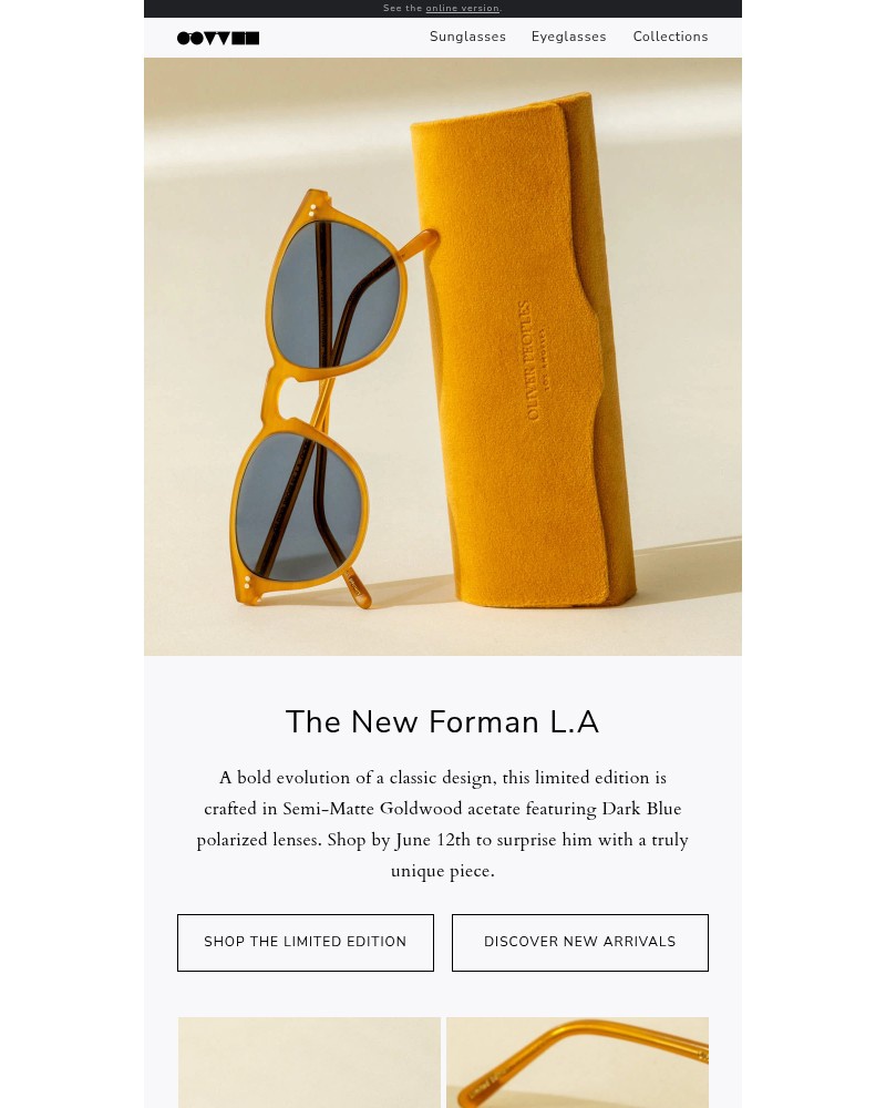 Screenshot of email sent to a Oliver Peoples Newsletter subscriber