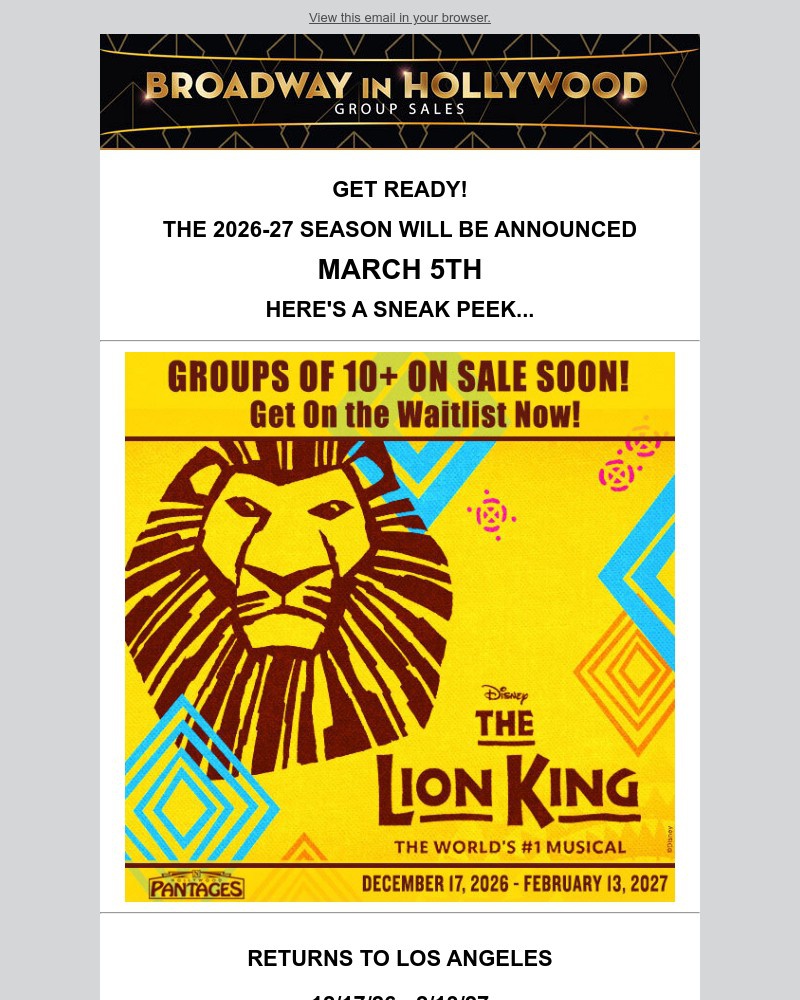 Screenshot of email sent to a Broadway in Hollywood Newsletter subscriber