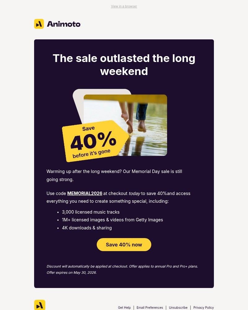 Screenshot of email sent to a Animoto Registered user