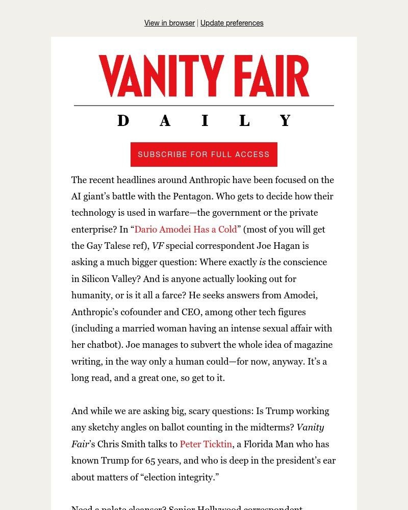 Screenshot of email sent to a Vanity Fair Newsletter subscriber
