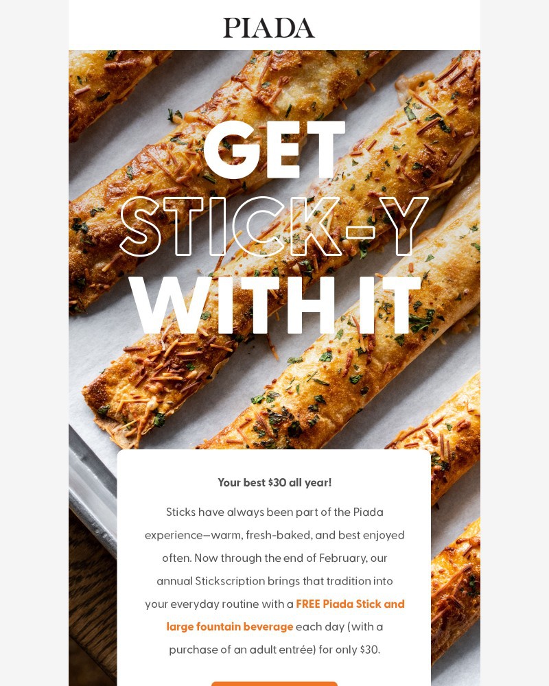 Screenshot of email sent to a Piada Italian Street Food Newsletter subscriber