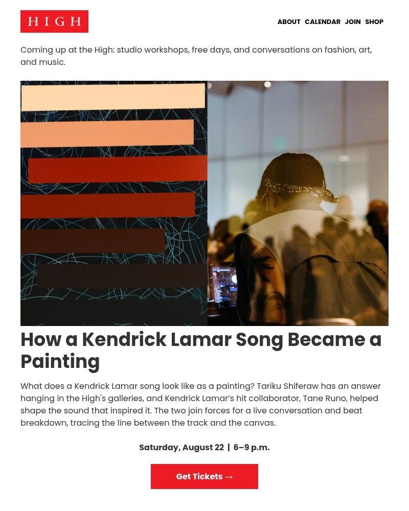 Screenshot of email sent to a High Museum of Art Newsletter subscriber