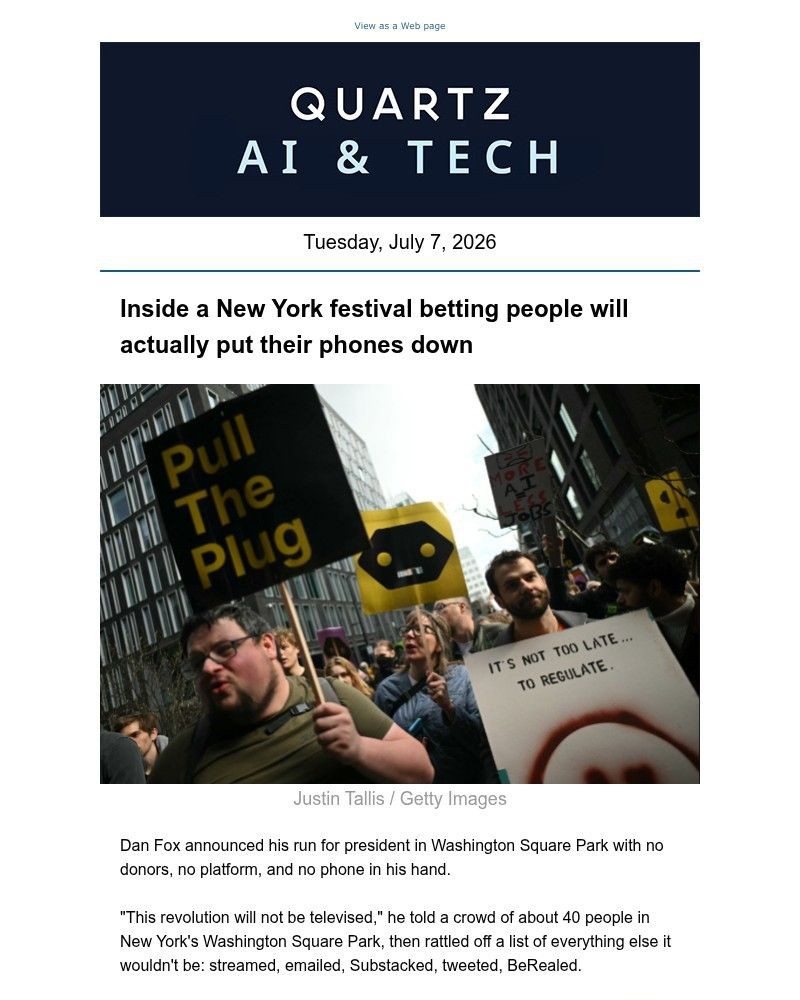 Screenshot of email sent to a Quartz Newsletter subscriber