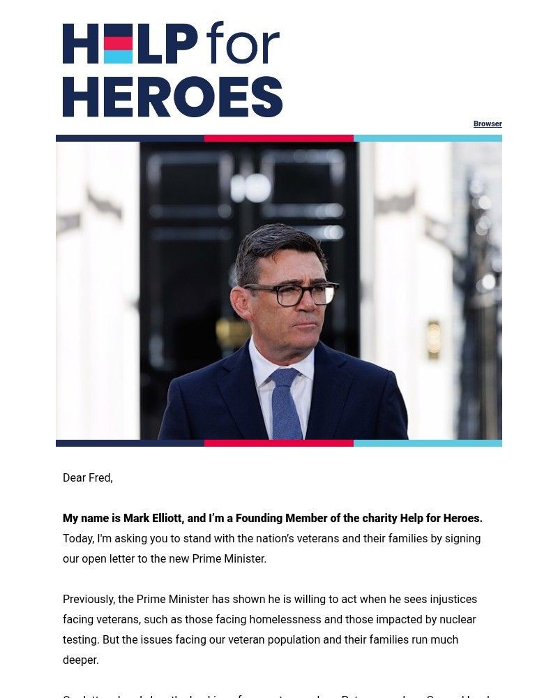 Screenshot of email sent to a Help for Heroes Newsletter subscriber