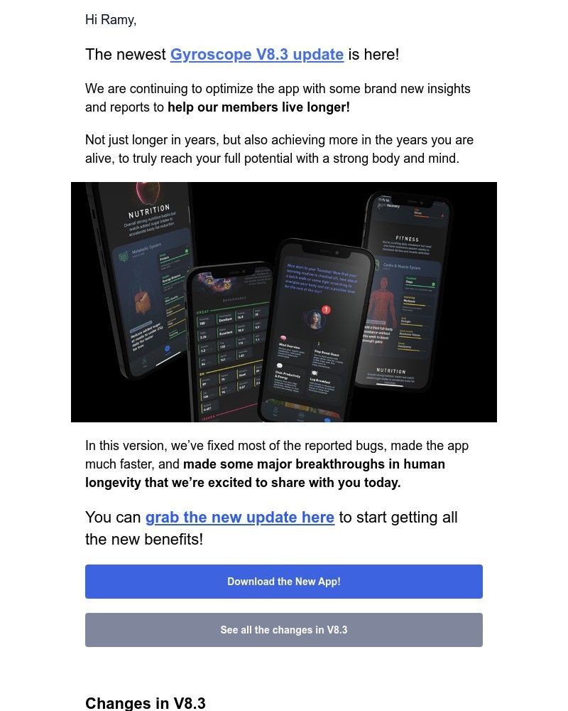 Screenshot of email with subject /media/emails/the-new-v83-is-now-live-in-the-app-store-faster-smarter-and-more-personalized-wit_YdyXJ4u.jpg