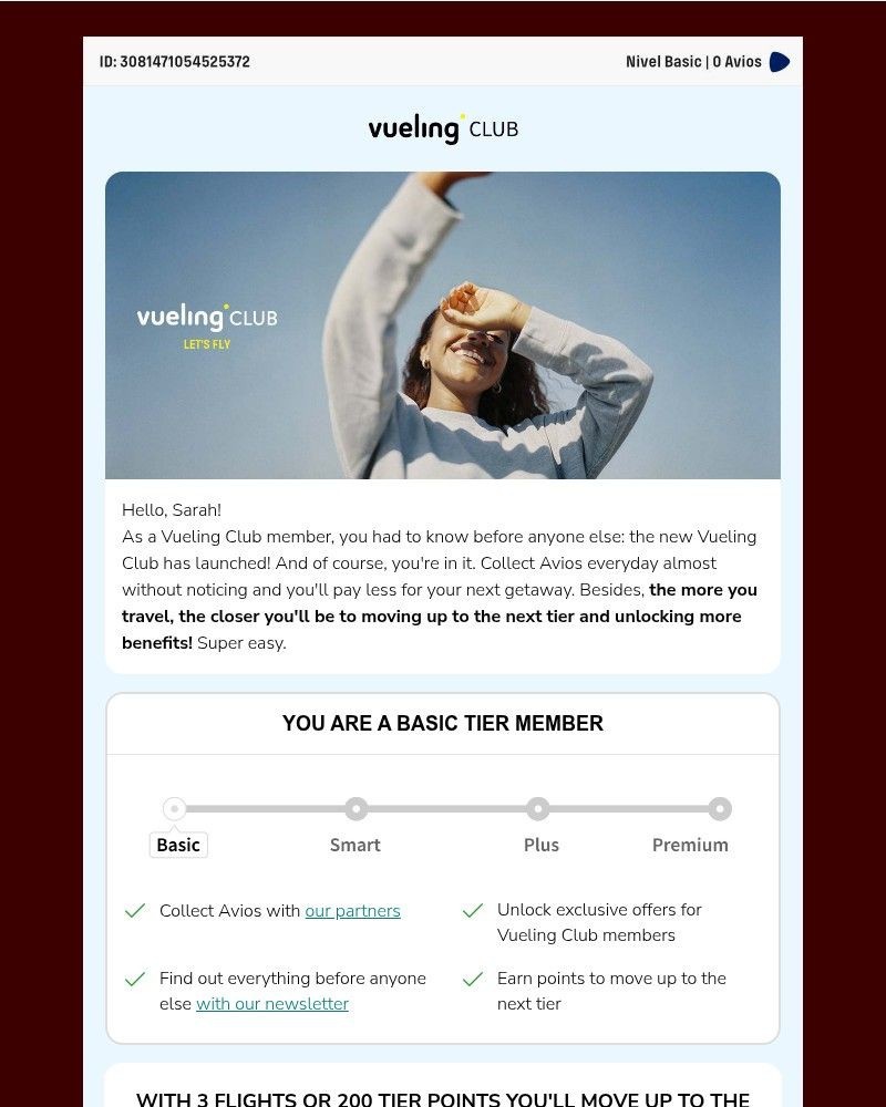 Screenshot of email sent to a Vueling Registered user
