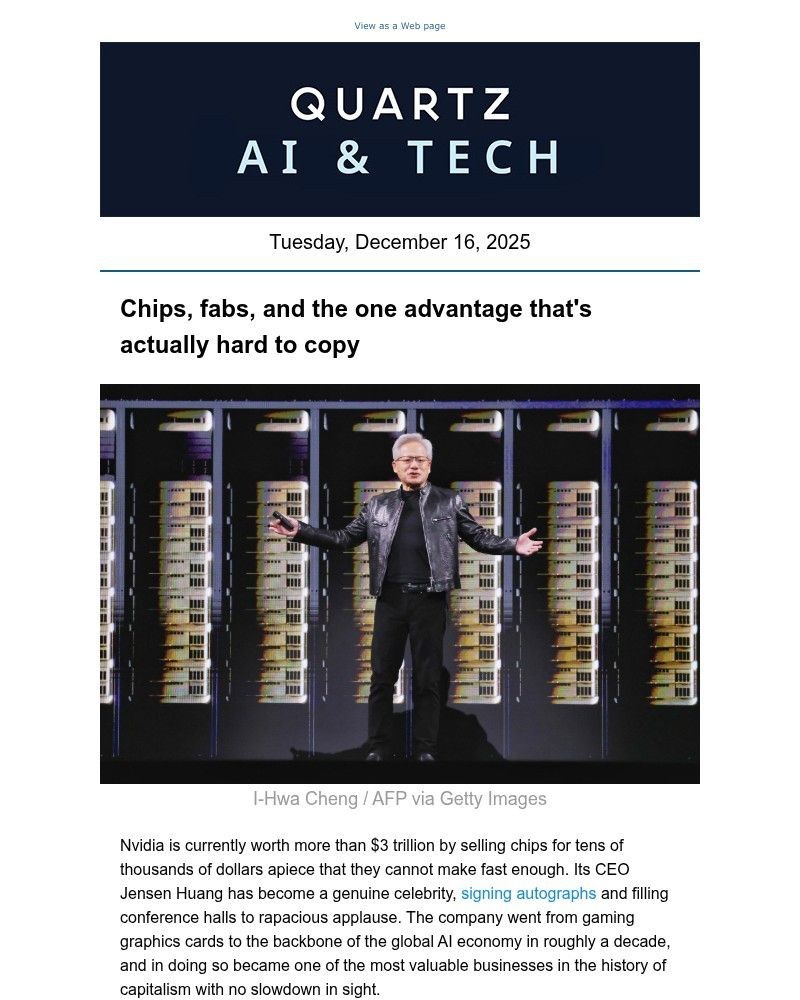 Screenshot of email sent to a Quartz Newsletter subscriber
