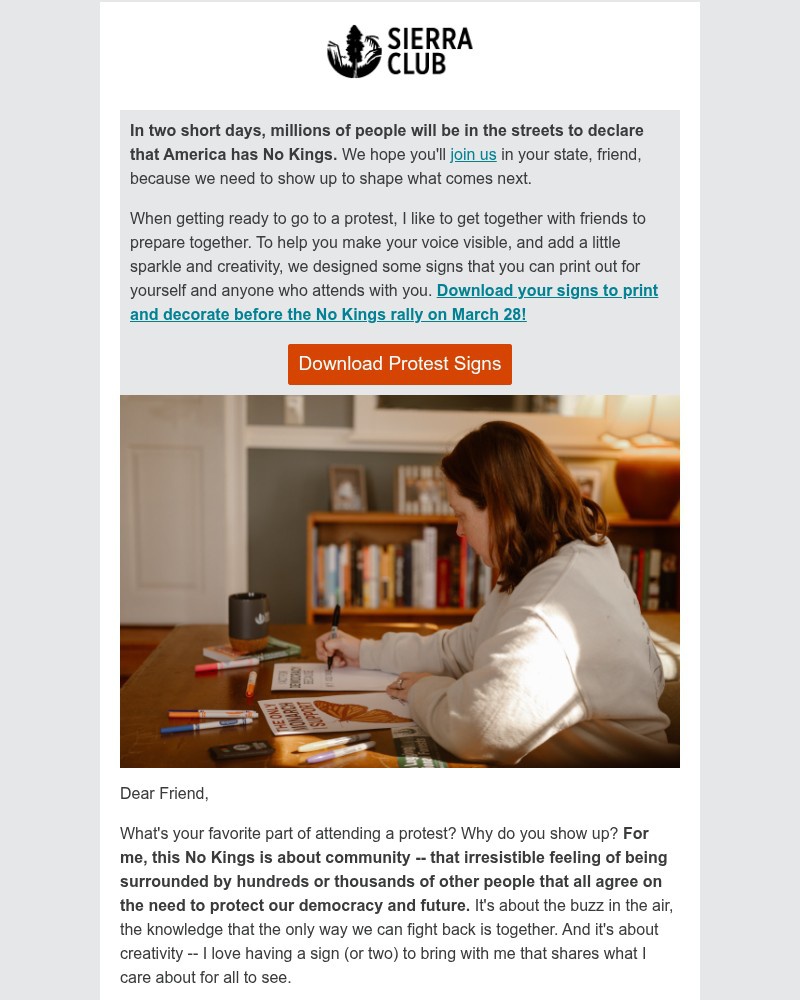 Screenshot of email sent to a Sierra Club Newsletter subscriber