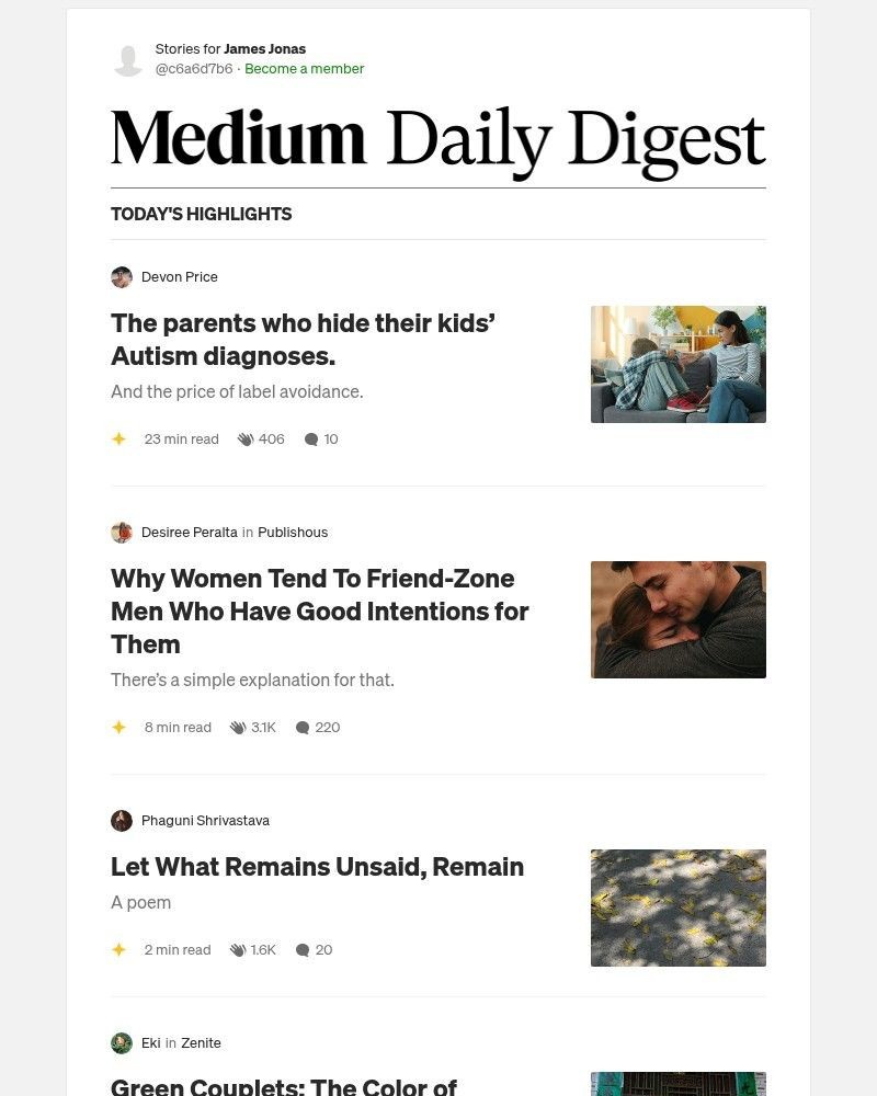 Screenshot of email sent to a Medium Registered user