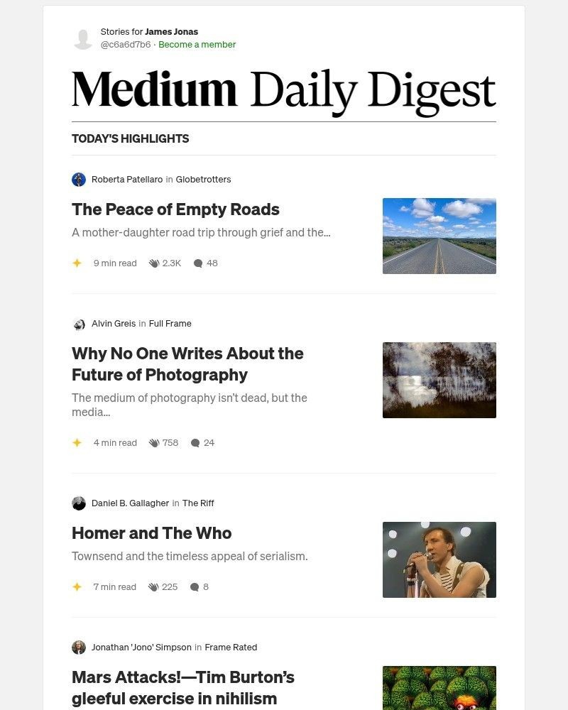 Screenshot of email sent to a Medium Registered user