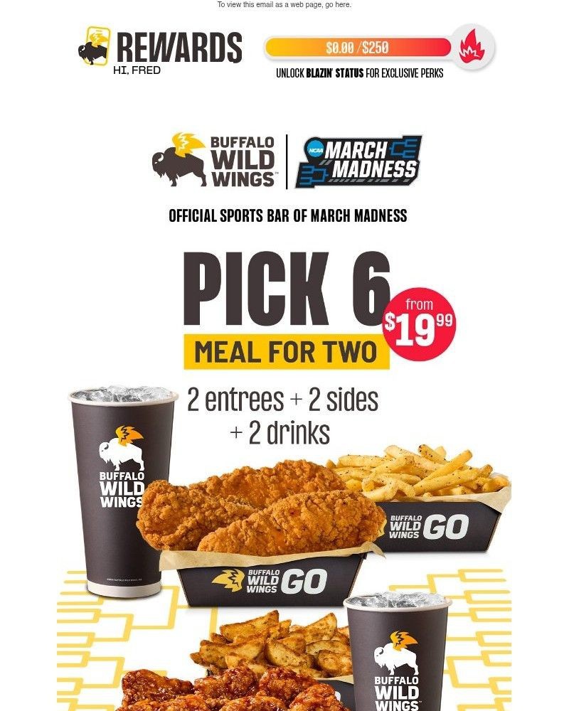 Screenshot of email sent to a Buffalo Wild Wings Registered user