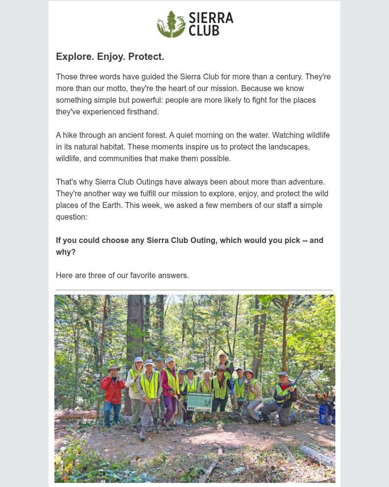 Screenshot of email sent to a Sierra Club Newsletter subscriber