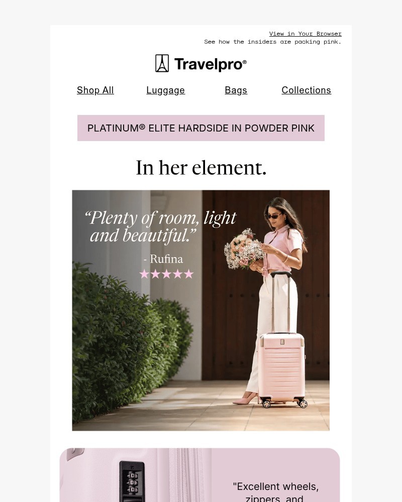 Screenshot of email sent to a Travelpro Newsletter subscriber