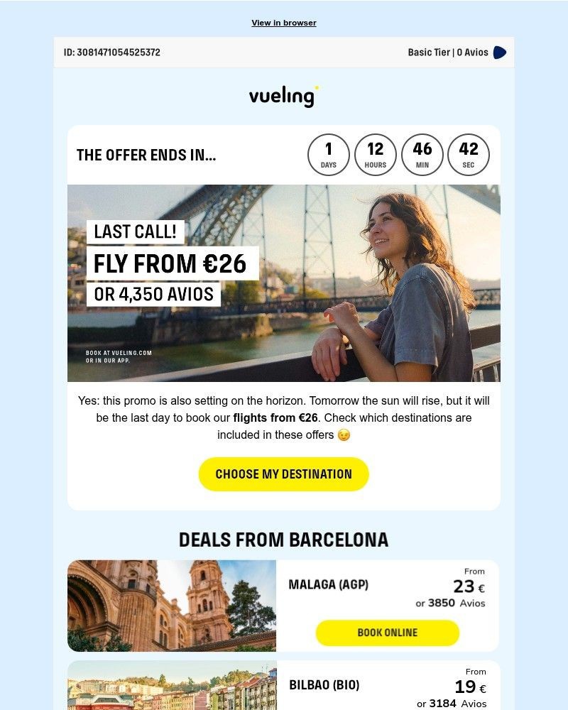 Screenshot of email sent to a Vueling Registered user