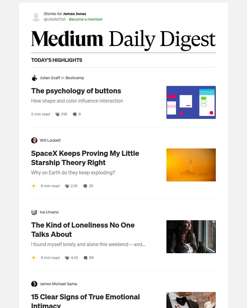 Screenshot of email sent to a Medium Registered user
