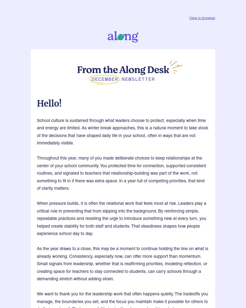 Screenshot of email sent to a Along Newsletter subscriber