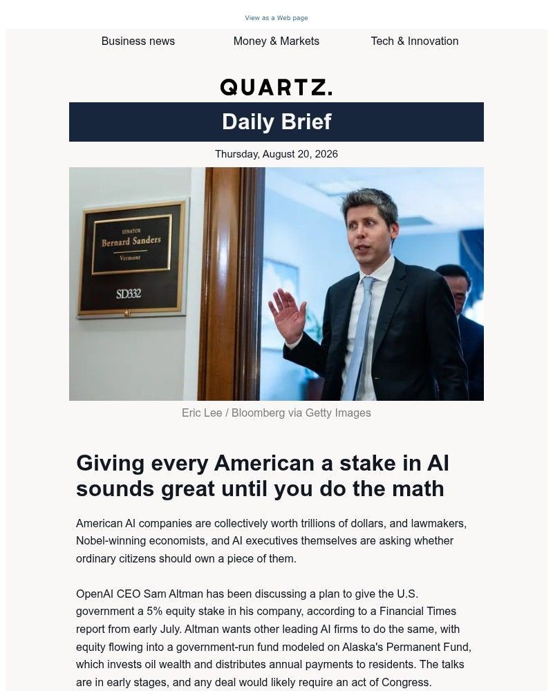 Screenshot of email sent to a Quartz Newsletter subscriber