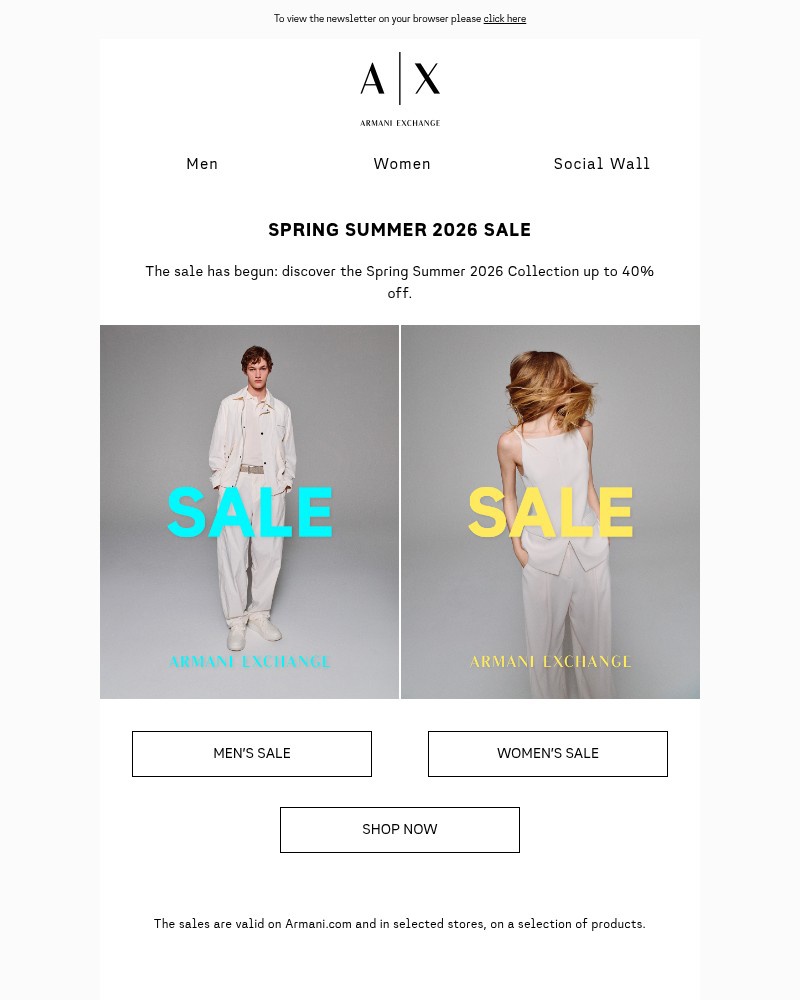 Screenshot of email sent to a Armani Exchange Newsletter subscriber