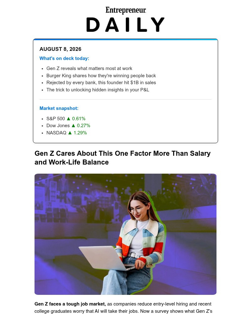 Screenshot of email sent to a Entrepreneur Newsletter subscriber