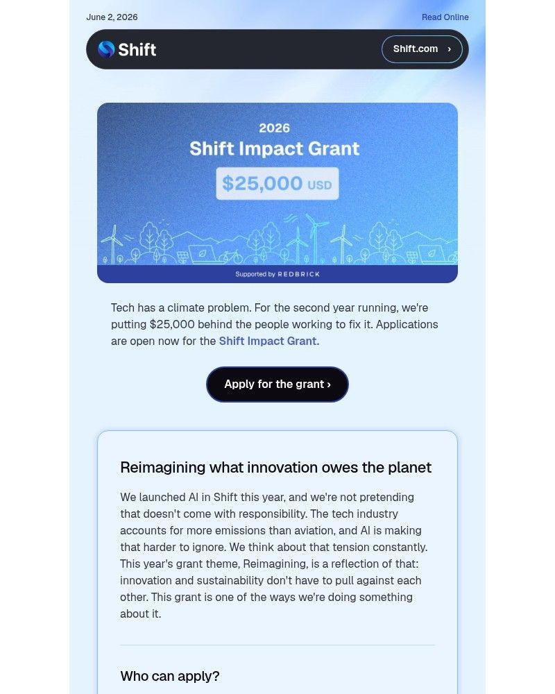 Screenshot of email sent to a Shift Newsletter subscriber