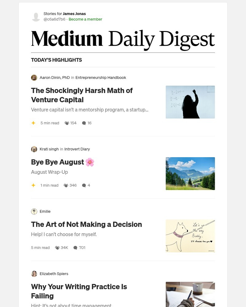 Screenshot of email sent to a Medium Registered user
