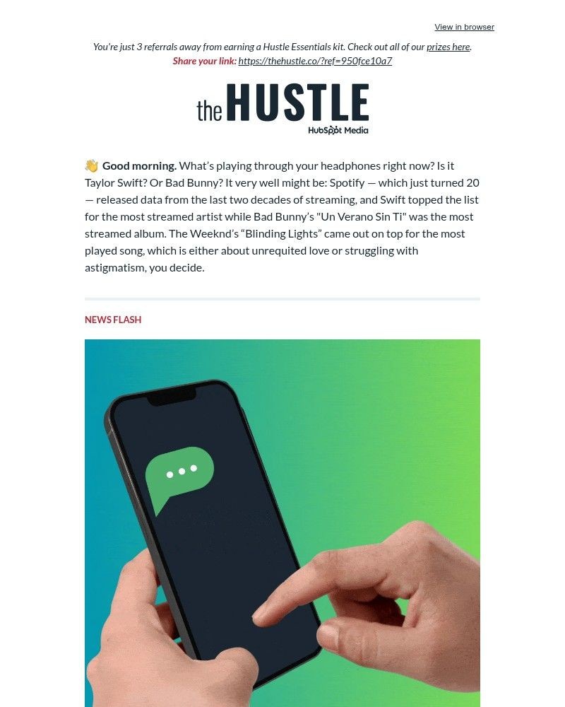 Screenshot of email sent to a The Hustle Newsletter subscriber