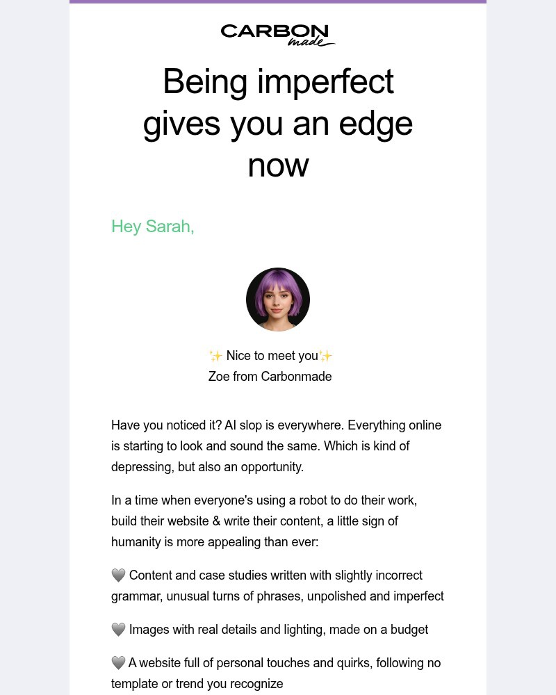 Screenshot of email sent to a Carbonmade Trial user